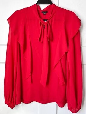 Ann Taylor Top Women Red Sheer Chiffon Ruffle Long Sleeve TieNeck Blouse XSP